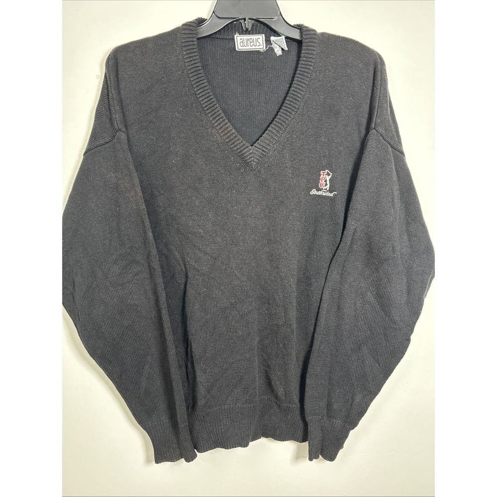 Vtg Aureus Sweater Men XXL Black V Neck Knit Pullover TPC Southwind Golf 6430